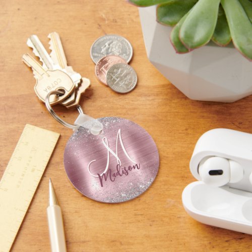 Cute rose blush silver faux glitter monogram keychain