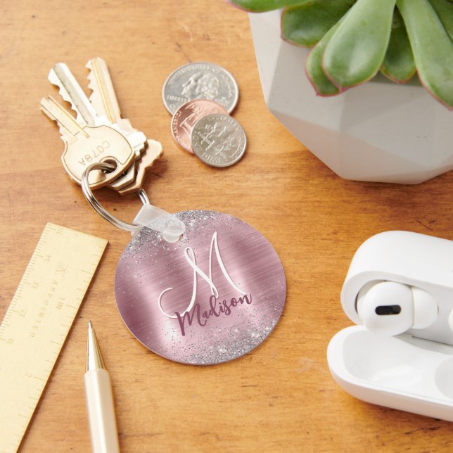 Cute rose blush silver faux glitter monogram keychain (Desk)