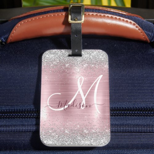 Cute rose blush silver faux glitter monogram luggage tag