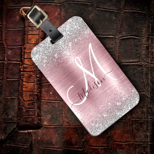 Cute rose blush silver faux glitter monogram luggage tag