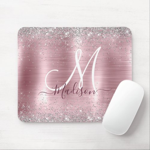 Cute rose blush silver faux glitter monogram mouse pad