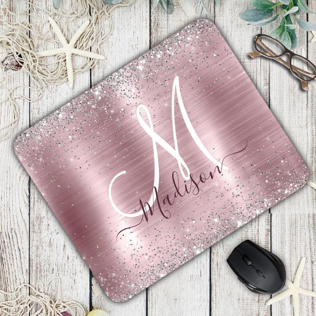 Cute rose blush silver faux glitter monogram mouse pad (Creator Uploaded)