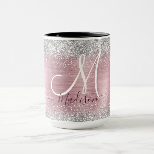 Cute rose blush silver faux glitter monogram mug