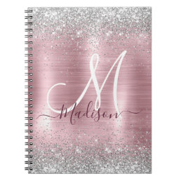 Cute rose blush silver faux glitter monogram notebook