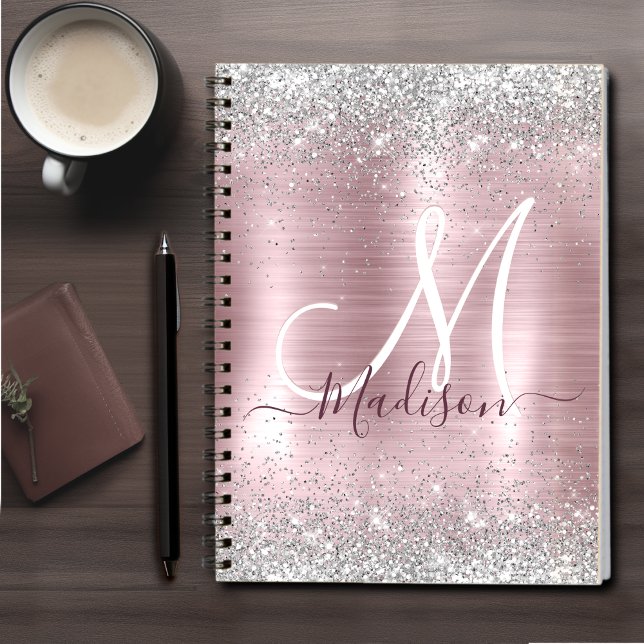 Cute rose blush silver faux glitter monogram notebook (Creator Uploaded)
