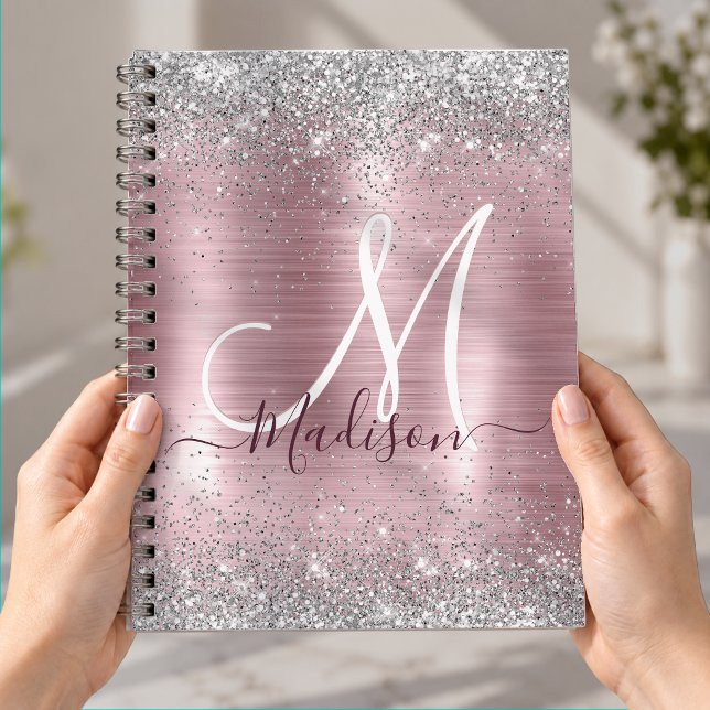 Cute rose blush silver faux glitter monogram notebook (Creator Uploaded)