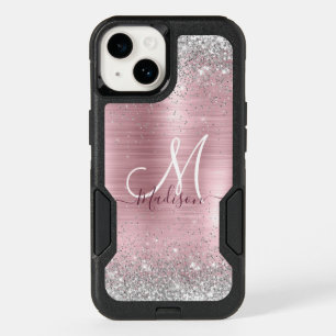 Cute rose blush silver faux glitter monogram OtterBox iPhone 14 case