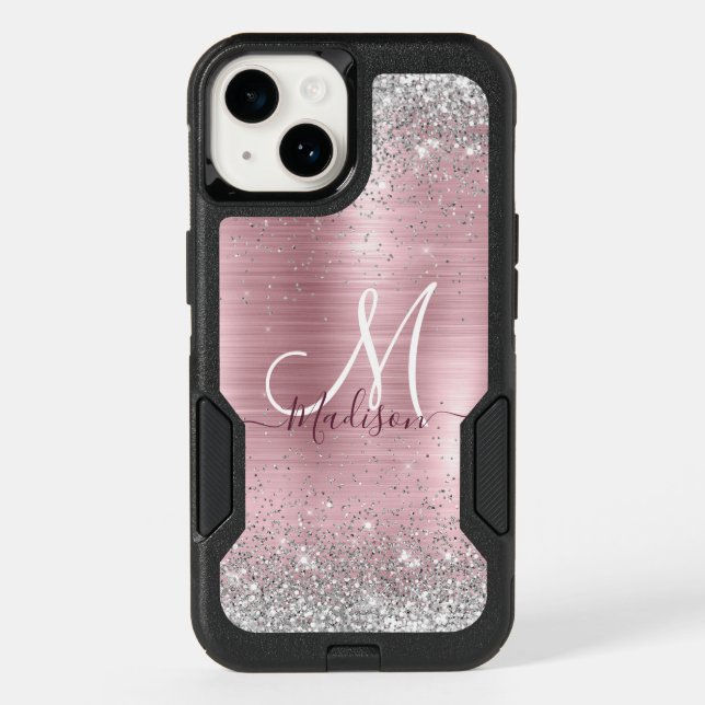 Cute rose blush silver faux glitter monogram otterbox iPhone case (Back)