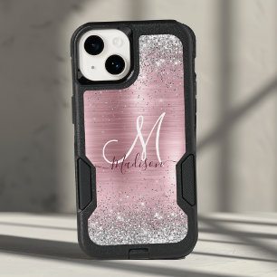 Cute rose blush silver faux glitter monogram OtterBox iPhone 14 case