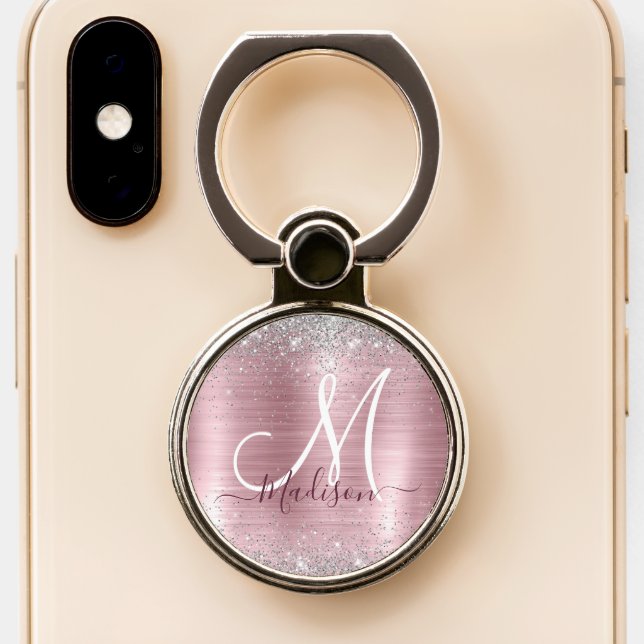 Cute rose blush silver faux glitter monogram phone ring stand (Close Up)