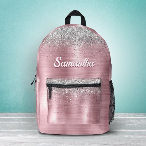 Cute rose blush silver faux glitter monogram  printed backpack