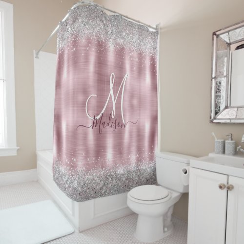 Cute rose blush silver faux glitter monogram shower curtain