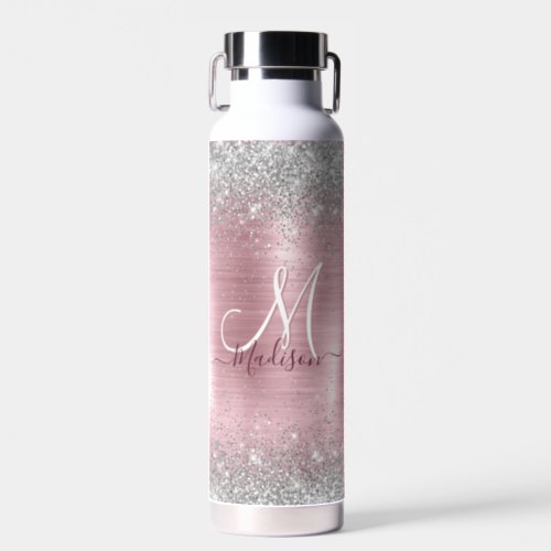 Cute rose blush silver faux glitter monogram water bottle