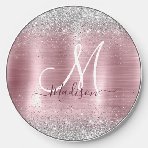 Cute rose blush silver faux glitter monogram wireless charger 