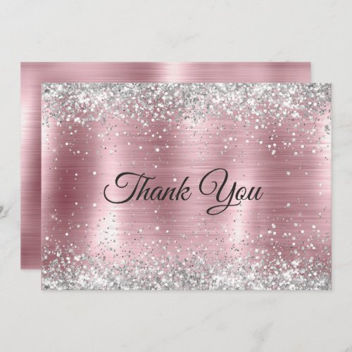 Cute rose blush silver faux glitter thank you card