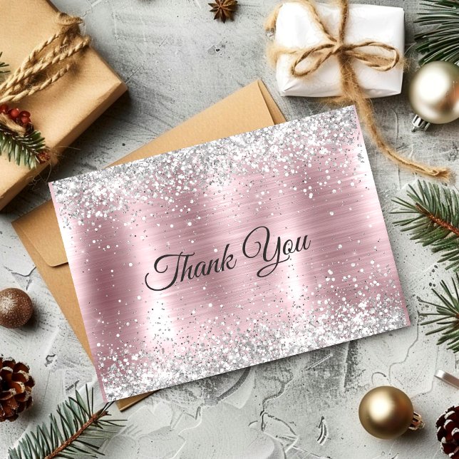 Cute rose blush silver faux glitter thank you card (Creator Uploaded)