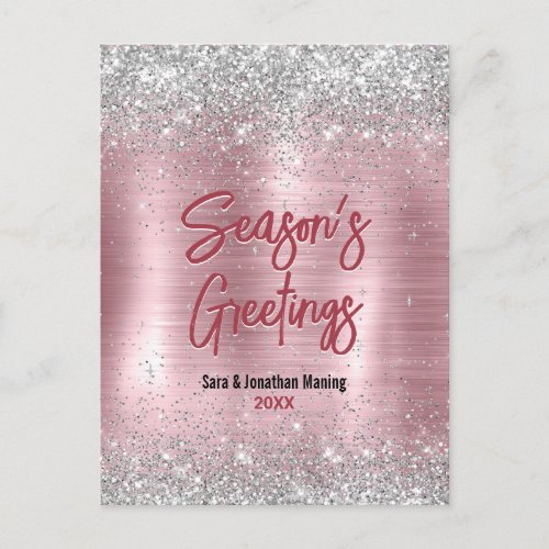Cute rose blush silver glitter Christmas new year  Postcard