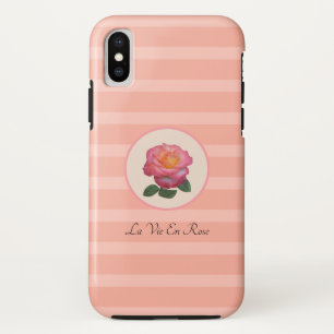 Cute Rose Flower on Coral Pink Striped iPhone X Case
