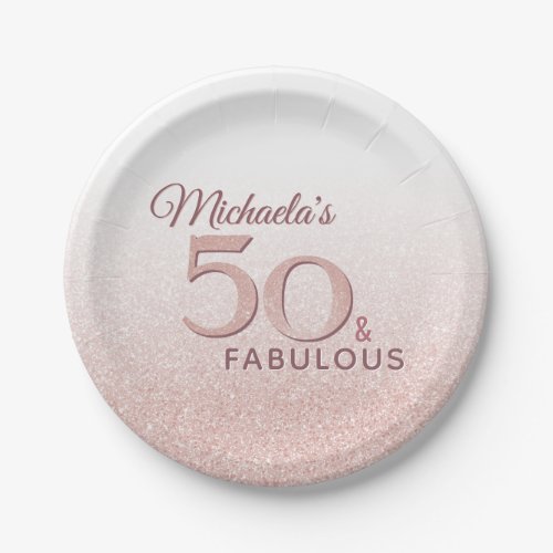 Cute Rose Gold 50 Fabulous Name 50th Birthday Paper Plates