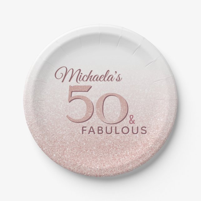 Cute Rose Gold 50 Fabulous Name 50th Birthday Paper Plates (Front)