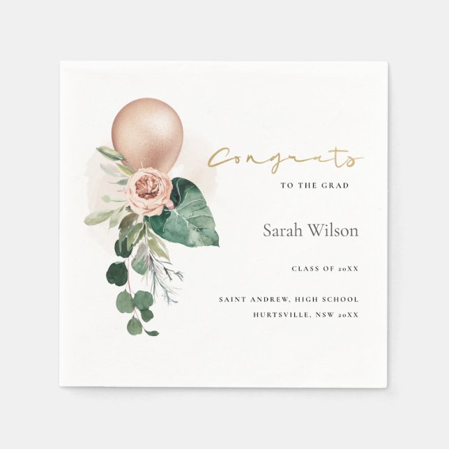 CUTE ROSE GOLD BALLOON FLORA GRAD CONGRATS  NAPKINS (Front)