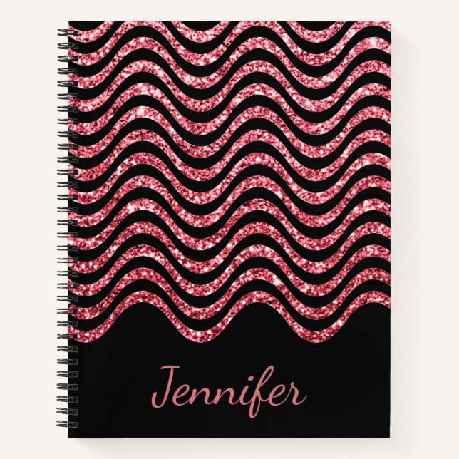 Cute Rose Gold Black Glitter Chevron Personalized Notebook (Front)