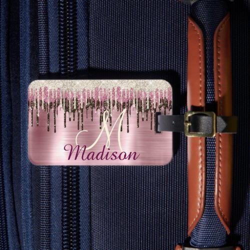 Cute Rose gold Brown Glitter Drips monogram Luggage Tag