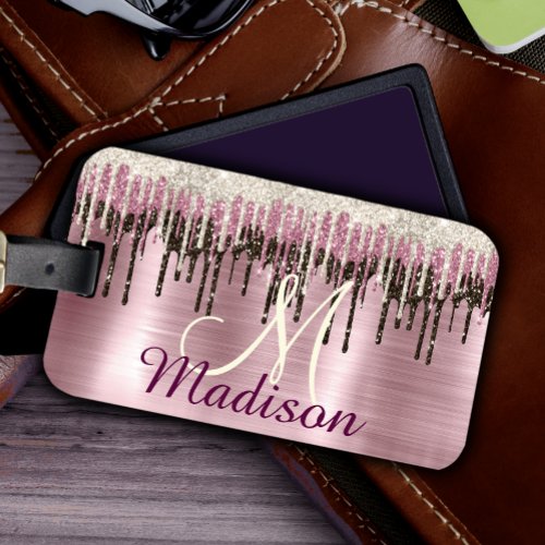 Cute Rose gold Brown Glitter Drips monogram Luggage Tag