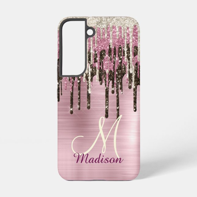 Cute Rose gold Brown Glitter Drips monogram Samsung Galaxy Case (Back)