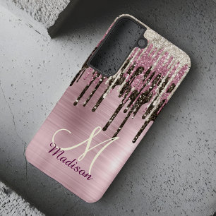 Cute Rose gold Brown Glitter Drips monogram Samsung Galaxy S22 Case