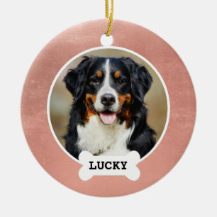 Cute Rose Gold Brushed Metal Name Pet Photo Ceramic Ornament
