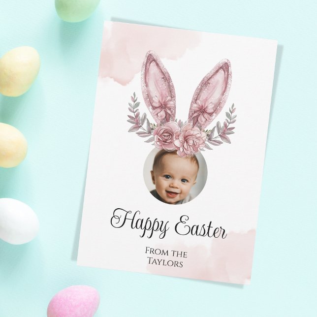 Cute Rose Gold Easter Bunny Ears Kids Photo Holiday Card (easter bunny ears add photo)