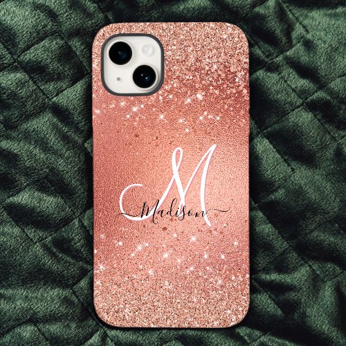 Cute rose gold faux glitter monogram Case_Mate iPhone 14 case