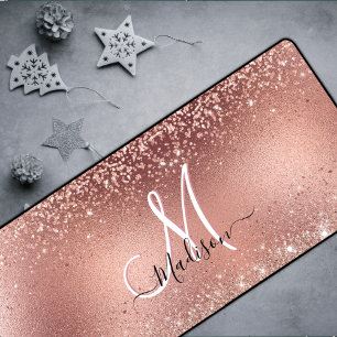 Cute rose gold faux glitter monogram desk mat