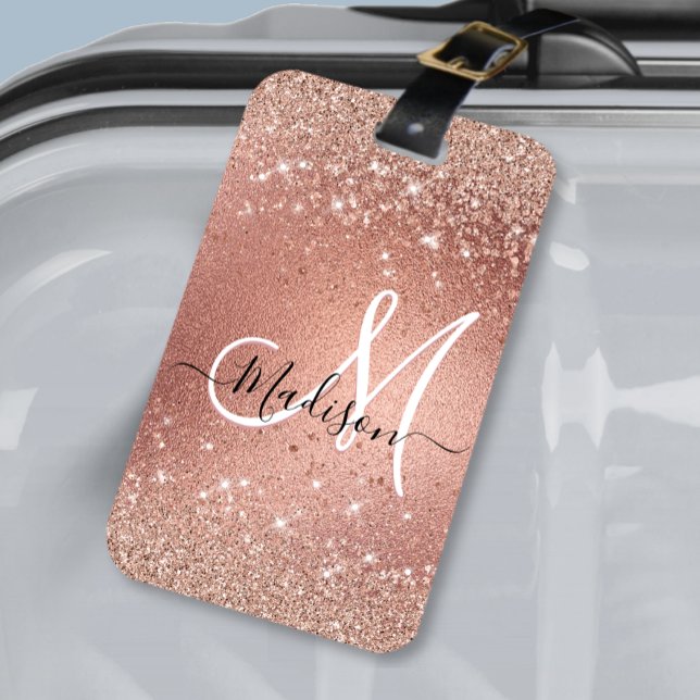 Cute rose gold faux glitter monogram luggage tag (Creator Uploaded)