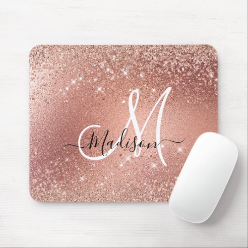 Cute rose gold faux glitter monogram mouse pad