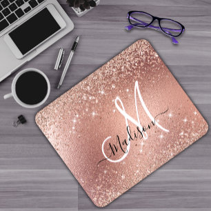 Cute rose gold faux glitter monogram mouse pad