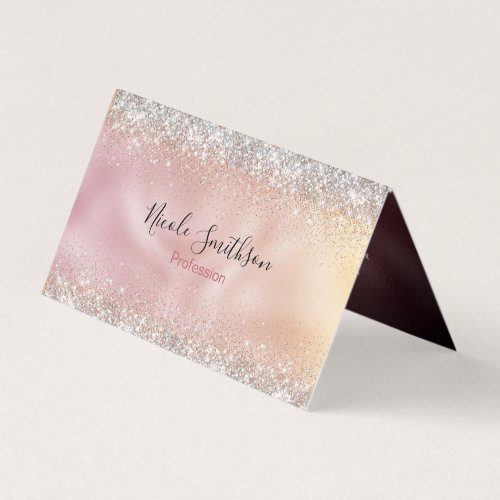 Cute rose gold faux silver glitter monogram business card