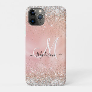 Cute rose gold faux silver glitter monogram iPhone 11 pro case