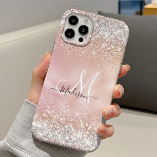 Cute rose gold faux silver glitter monogram iPhone 11 pro case