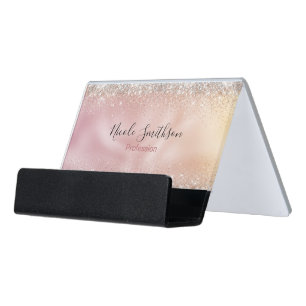 Cute rose gold faux silver glitter monogram desk business card holder