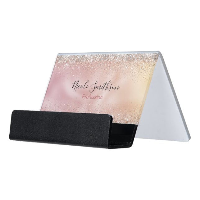 Cute rose gold faux silver glitter monogram desk business card holder (Angled Front)