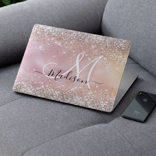 Cute rose gold faux silver glitter monogram HP laptop skin (Creator Uploaded)