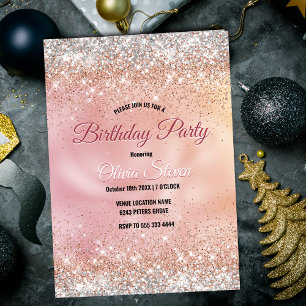 Cute rose gold faux silver glitter monogram invitation