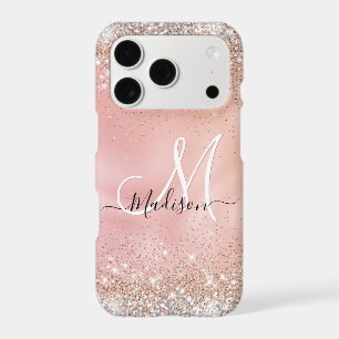 Cute rose gold faux silver glitter monogram iPhone 17 pro case