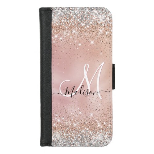 Cute rose gold faux silver glitter monogram iPhone 87 wallet case