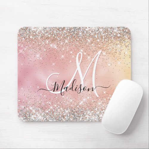 Cute rose gold faux silver glitter monogram mouse pad
