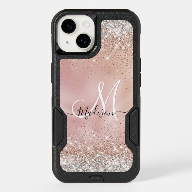 Cute rose gold faux silver glitter monogram otterbox iPhone case (Back)