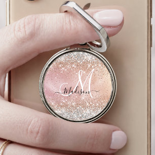 Cute rose gold faux silver glitter monogram phone ring stand