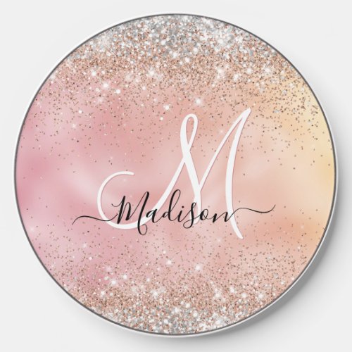 Cute rose gold faux silver glitter monogram wireless charger 